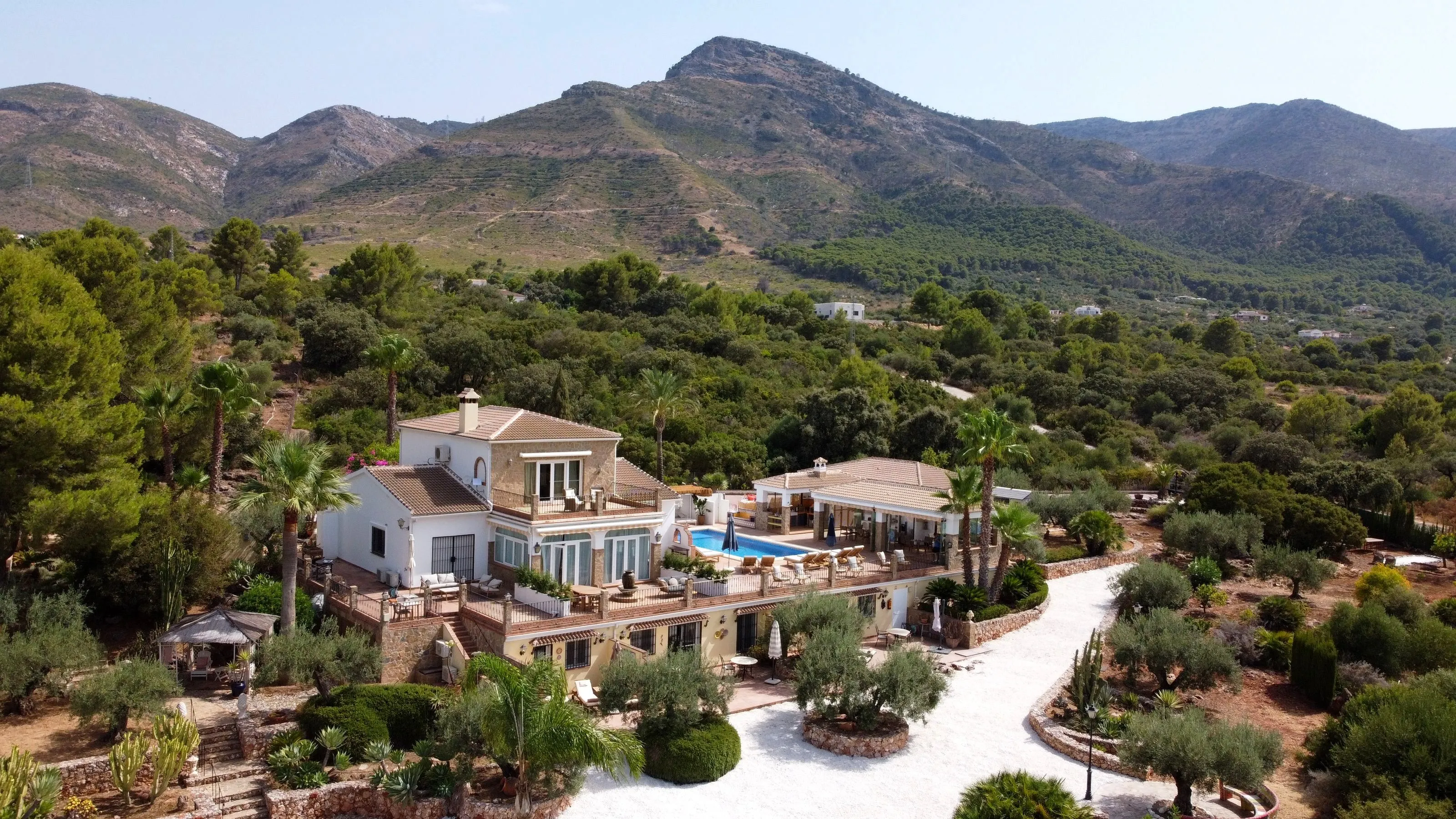 Aerial view of Finca Sonrisa: the villa, pool and gardens set in the hills of Alhaurín el Grande